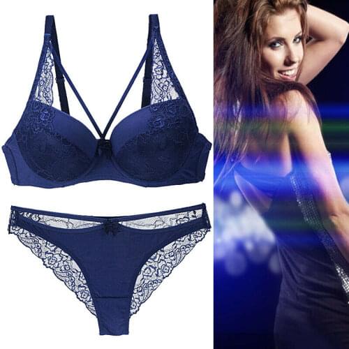 Blue Sexy Women Bras Set Lace Bra and Panty Set Bra and Thong Push Up Bra Briefs Panties Intimates Sets A B C D DD E
