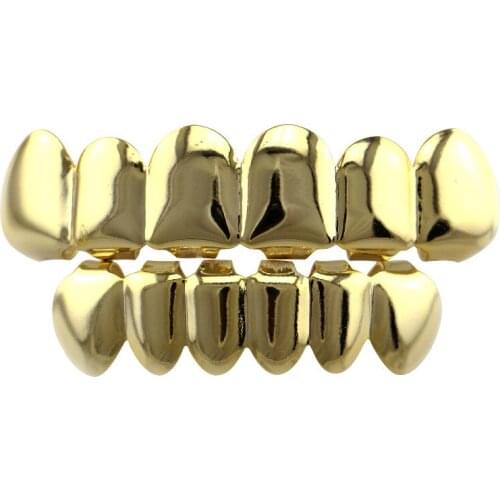 Hip Hop Gold Teeth Grillz 6/6Set Top Bottom Tooth Grills Dental Mouth Punk Vampire Fangs Teeth Caps Cosplay Party Rapper Jewelry