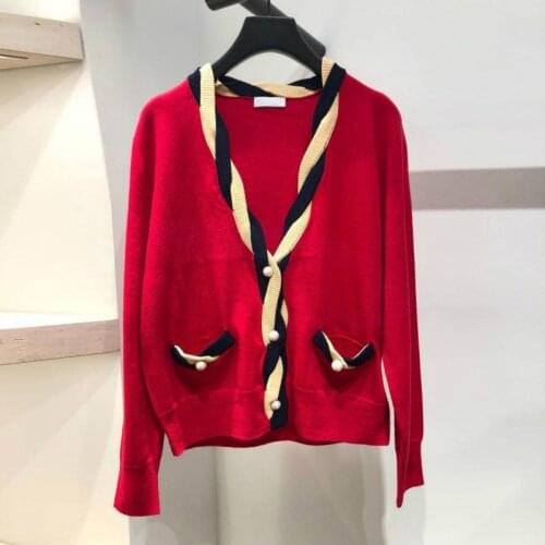 Woman red new sweater wool cardigan V-neck pocket knitted sweater fashion casual warm clothes cardigan women