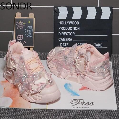 Womens Round Toe Sneakers Lace Up Rhinestones DIY 3D Butterfly Shiny Girls Shoes Casual Sweet Pink Lolita Pink White New 2021