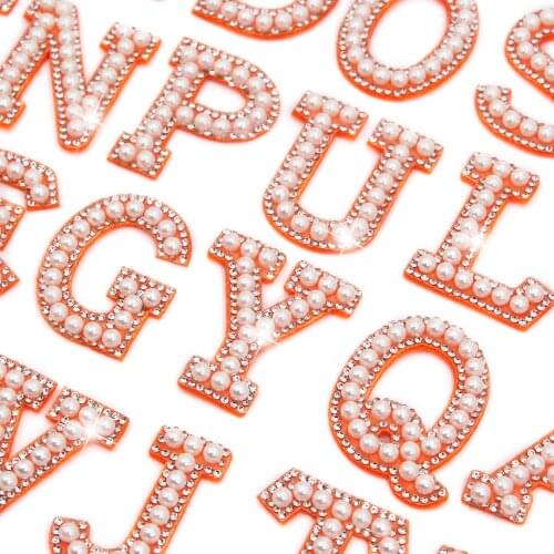 1Pcs English Letters Pearl Rhinestone Patches Orange Bottom A-Z Alphabet Pearl Patches For Clothing Rhinestone Applique DIY Name