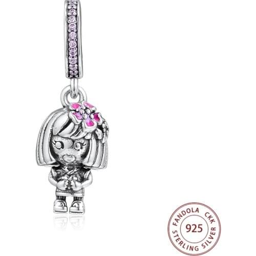 100% Real 925 Sterling Silver Chinese Flower Girl Dangle Charms Fits Pandora Bracelets DIY Beads for Jewelry Making Wholesale