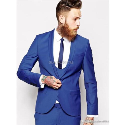 2016 Hot sale Custom made Royal Blue Groom Tuxedos Shawl Lapel Mens Wedding Suits Slim Fit One Button Groomsmen Suits With Pant