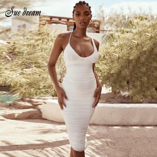 2021 New Summer Womens Sexy Sleeveless Pleated Bodycon and Knee Dress Fashion Celebrity White Black Midi Club Party Dress