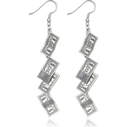 Antique Sliver Funny 100 Dollar Bill Money Currency Dangle Earrings For Women
