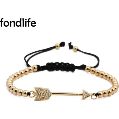 White Cubic Zirconia Crystal 4mm Copper Beads Arrow Charm Macrame Bracelet Women Black Cord Gold-plated Popular Jewelry Present