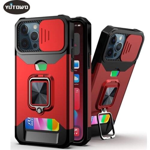 Magnetic Card Slot Credit Cover For iPhone 13 12 11 Pro Max XS Case, Kickstand with Slide Camera, Built-in 360 Rotate Ring Stand