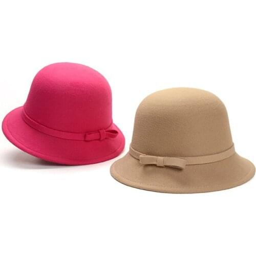 Elegant Bow Bucket Hats Woman’S Wool Felt Warm Autumn Winter Fashion Casual Cap Female All-Match Soft Comfortable Top Hat