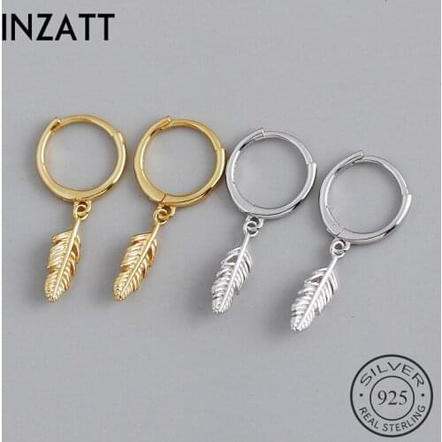 INZATT Real 925 Sterling Silver Feather Round Hoop Huggies Earrings For Fashion Women Cute Fine Jewelry Minimalist Accessories