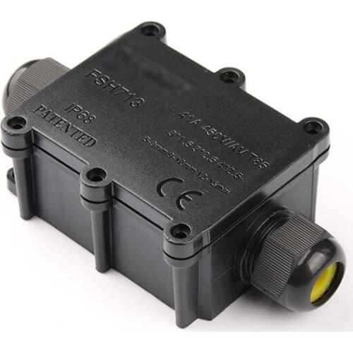 IP68 Waterproof Connection Box Black UV Sunproof Outdoor one in one out plastic enclosure with cable gland & 3 way terminals
