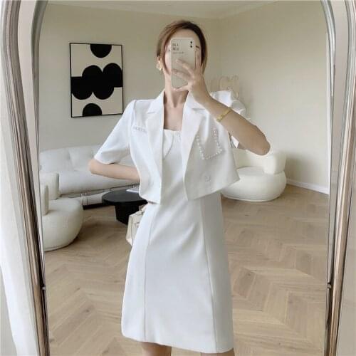 Suit Jacket Women 2021 Summer New White Design Sense Short Sleeve Small Suit Thin Short Top+ Strap Dress Ladies Two Pice Set