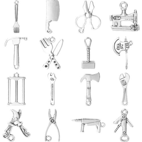 20Pcs Mix Cute Hammer Wrench Saw Pliers Charms Handmade Screwdriver Scissors Ax Pendant For Necklaces Jewelry Accessories