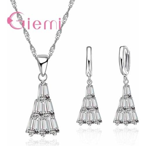 New Stylish Cubic Zirconia Pendant Necklace Women Jewelry Sets 925 Sterling Silver Drop Earrings Bijoux