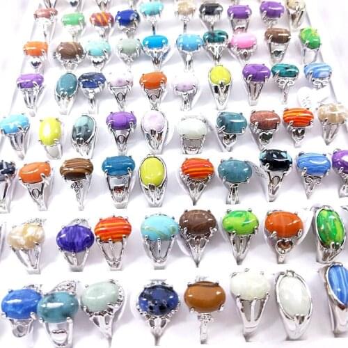 Wholesale 100PCs/Box Womens Vintage Silver Plated Hand Inlay Color Stone Party Jewelry Variety of Styles Lovely Romantic Gifts