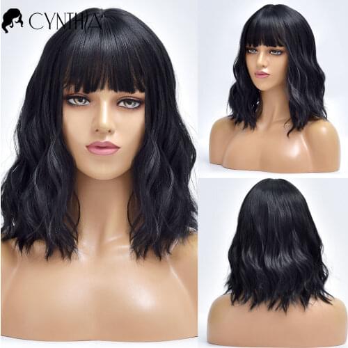 Black Short Wave Daily Hair Synthetic Wigs With Bangs For White Women Cosplay Party Natural Heat Resistan Fiber Female Wig
