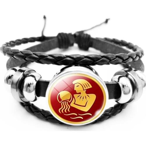 Retro 12 Constellation Bracelet Glass Cabochon Black Leather Snap Button Unicorn Children Bracelet Men and Women Jewelry Gift