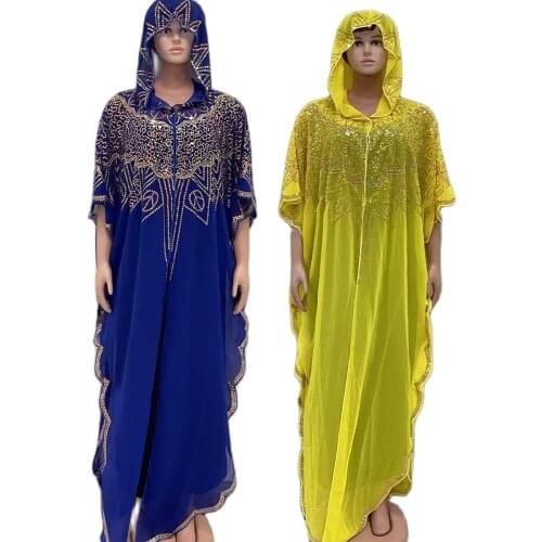 Womens Clothing Fashion Classic African Dashiki Abaya Chiffon Fabrics Sequin Batwing Loose Muslim Hooded Dress Free Size