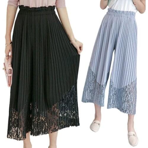 New Spring Summer Chiffon Spliced Lace Wide Leg Pants Women OL Pleated Chiffon Trousers Elegant High Waist Female Leggings Mw197