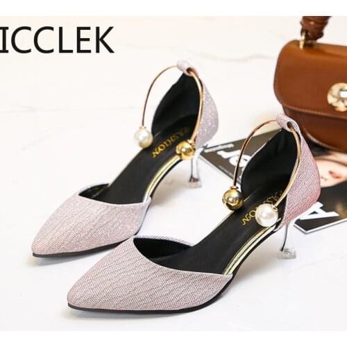 Plus Size 35-44 Women Dress Shoes Pointed Toe Ankle Strap Sandals High Heels Pearl Woman Pumps Office Shoes Zapatos Mujer