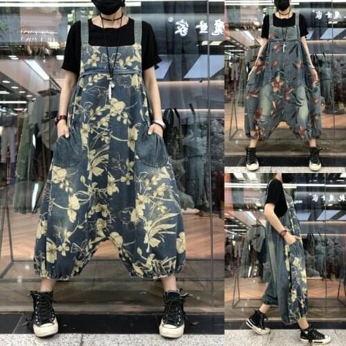 Drop Crotch Denim Jumpsuits Women Big Size Baggy Wide Leg Rompers pants Patchwork Suspenders Cowboy Overalls Hip-Hop harem jeans