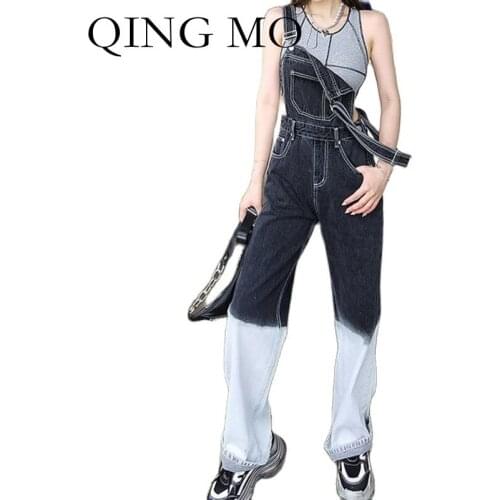 QING MO 2021 Summer Fashion New Women Denim Jumpsuit Black High Waist Slimming Trend Gradient Suspender Jumpsuit ZWL374