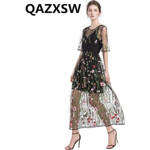 2019 New Spring Summer Women Dress Large Size Embroidery Lace Round Neck Fashion Two-piece Temperament Long Women Dresses ZW042