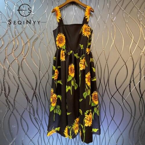 SEQINYY Black Midi Dress Summer Spring New Fashion Design Women Runway High Street Sunflowers Print A-Line Strapless Holiday