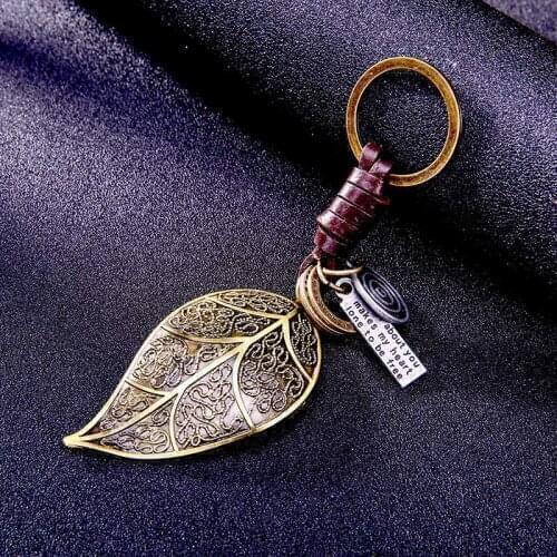 Alloy Vintage Antique Bronze Leaves Key Rings Braided Cowhide Keychain Pendant Punk Jewelry Gift For Friends 1PCS