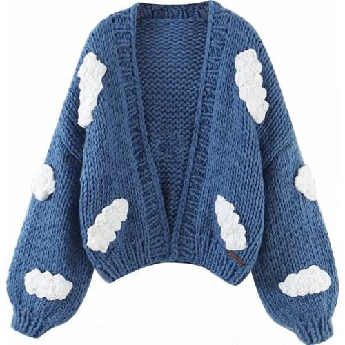 Aonibeier 2021 Za Autumn Winter Clouds Pattern Chunky Knit Cardigan Traf Crop Tops Open Front Woman Hand Made Sweaters Jackets