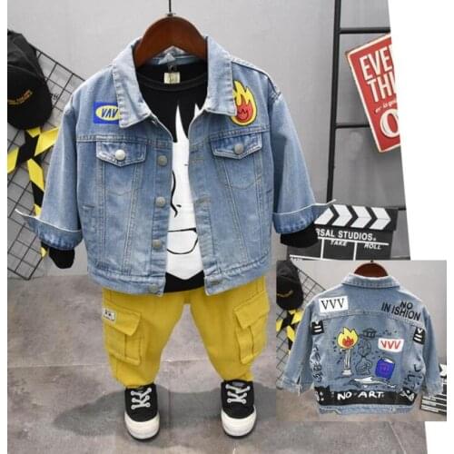 Kids clothes Children Clothing Sets Spring Autumn Boys Clothing Sets Fashion Graffiti denim jacket +T-shirts + pants 3Pcs suits