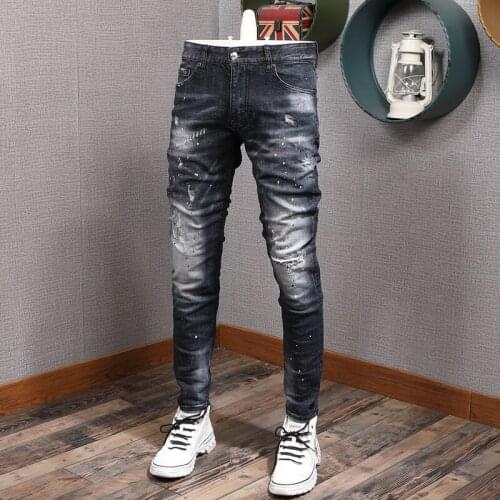 Italian Style Fashion Men Jeans Retro Black Blue Elastic Slim Fit Paint Designer Ripped Denim Pants Streetwear Hip Hop Trousers