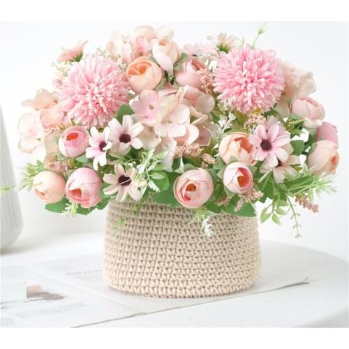 European High-end Fake Tea Rose Silk Flower Daisy Artificial Plastic Flower for Wedding Home Accessories Decoration Room Decor