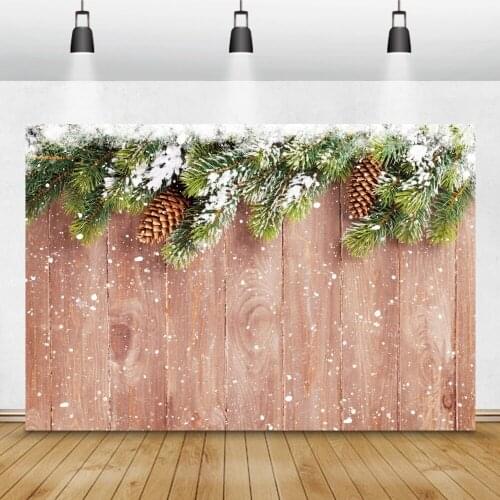 Brown Wood Boards Texture Photo Background Winter Christmas Pine Leaves Snowflake Toys Baby Portrait Photography Backdrop Banner