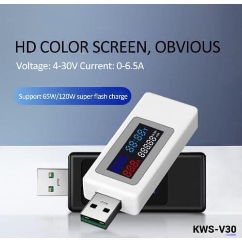 DC4-30V 0-6.5A Voltage Power Timing Capacity Current Detector IPS Display 6 in 1 USB Tester Wattmeter Voltage Tester Doctor Dete