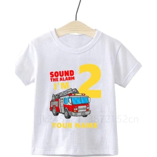 Boys Cool Fireman Birthday Party T-shirt Fire Truck Shirt Boy Train Tees Toddler Kid Construction Truck Shirts