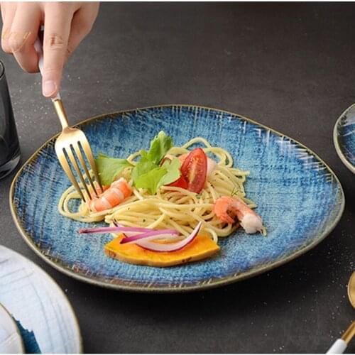 Creative Japanese-style disc ceramic western food shallow plate steak plate breakfast plate kiln changed retro cold dishes set p