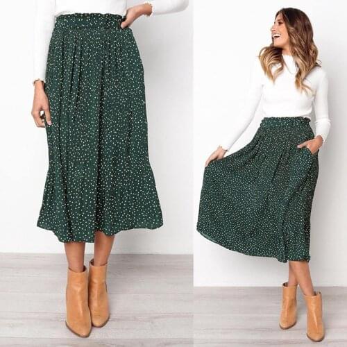 Summer Dots Floral Print Pleated Women Skirt Elegant Elastic High Waist Side Pockets Midi Skirt Beach Female Casual Maxi Skirts