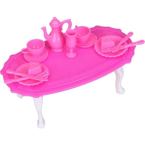 Dining Room Furniture Dining Table Set for Doll Shocking Pink And White Classic Pretend Play Toys Kitchen Collectible Accessory