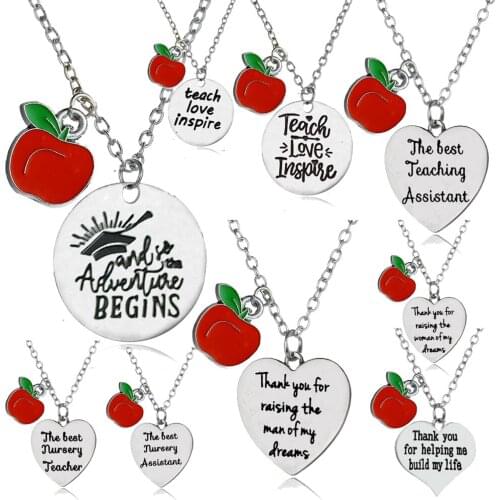Chic Apple Love Heart Pendant Chain Necklace For Teaching Assistant Nursery Teacher Jewelry Gifts Thank You Teachers Necklaces