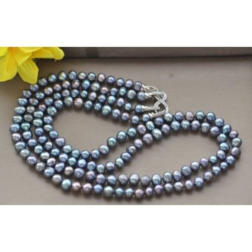 MCT·STAR Z10576 2Row 22" 7mm Black Round Freshwater Pearl Necklace CZ