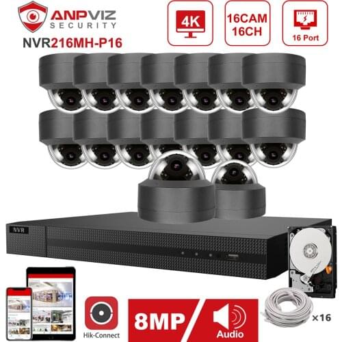 Hikvision OEM 16CH 4K NVR Anpviz 16pcs 8MP POE IP Camera System Indoor/Outdoor IP Camera Security Surveillance Kit IP66 30m P2P