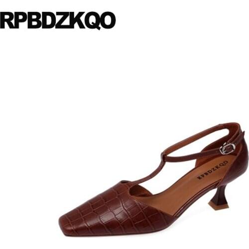Size 33 scarpin elegant women shoes ladies plaid fashion pumps t strap round toe brown stiletto high heels genuine leather chic