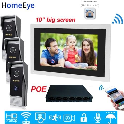 720P HD WiFi IP Video Door Phone Video Intercom 3 Doors 10''Touch Screen POE Home Access Control System Mobile App Remote Unlock