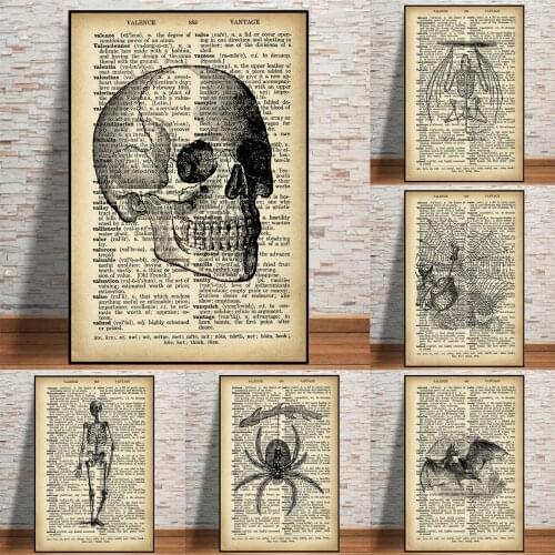 Vintage Halloween Skull pumpkins spider Wall Art Decor Retro Newspaper Style Canvas Painting Poster and Prints Living Room Decor