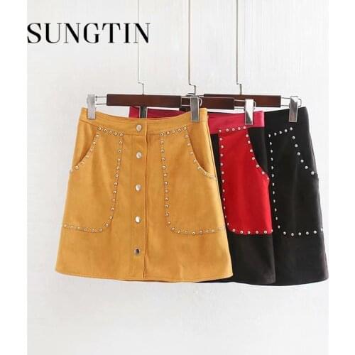 Sungtin Women Faux Suede Skirt Mini Fashion High Waist A Line Skirt Black with Rivet Studded Big Pocket Yellow Red Femme 2020