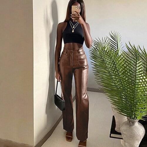 Women Brown Faux Leather Pant Straight Pants Trousers 2021 Spring Autumn Elegant High Waist Office Lady Slim Vintage Pants