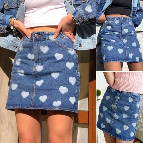 Womens Love Printed A-Line Skirt High Waist Casual Short Skirt Blue