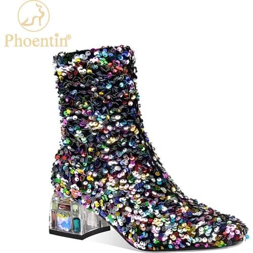 Phoentin bling colorful women boots 2020 winter ladies party shoes crystal mid heels club round toe ankle boot FT1170