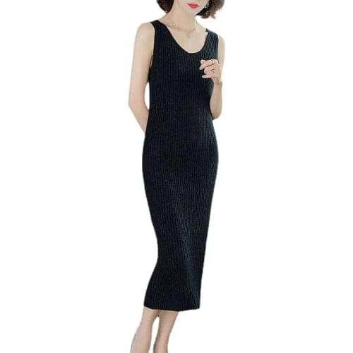 Women Knitted Bodycon Pencil Dress Spring Autumn Solid Long Sleeve V Neck Slim Lady Chic Korean Dress
