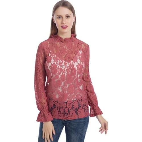Spring Autumn Women Blouses Fashion Flare Sleeve Hollow Ladies Tops Vintage Trend Women Print Shirts Round Neck Blouse Femme